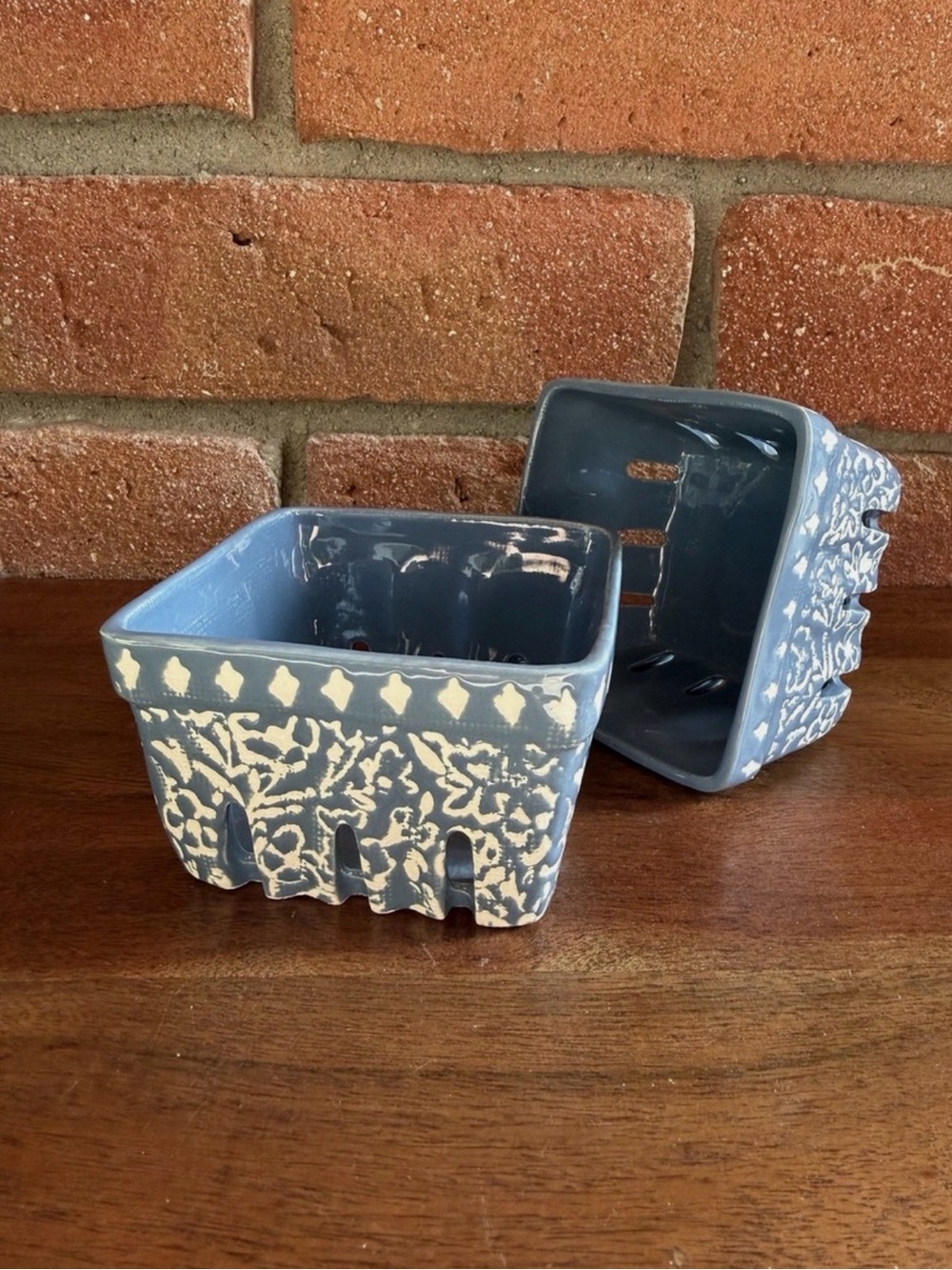 Anthropologie Blue and White Ceramic Berry Basket Duo